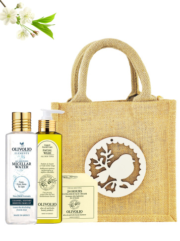 Set sacosa iuta natur si cosmetice ten, cu ulei de masline