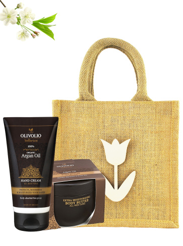 Set sacosa iuta natur, figurina lemn si cosmetice pentru corp, cu ulei de argan