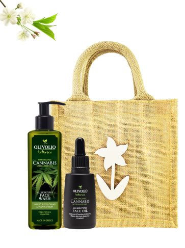 Set sacosa iuta, figurina lemn si cosmetice pentru ten, cu ulei de canabis