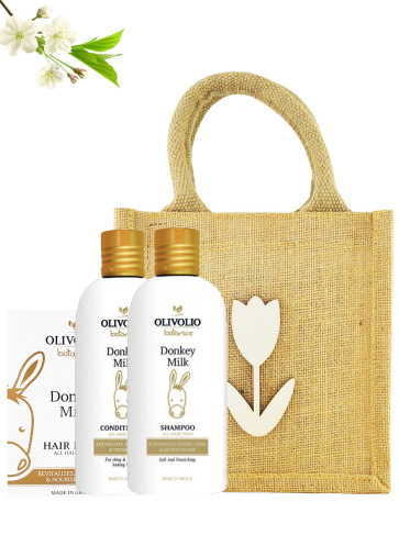 Set sacosa iuta, figurina lemn si cosmetice pentru par, cu lapte de magarita