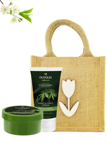 Set sacosa iuta natur si cosmetice corp, cu ulei de canabis