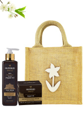 Set sacosa iuta, figurina lemn si cosmetice pentru ten cu ulei de argan