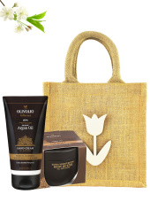 Set sacosa iuta natur, figurina lemn si cosmetice pentru corp, cu ulei de argan