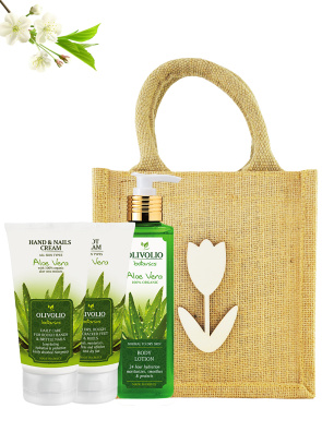 Set sacosa iuta, figurina lemn si cosmetice pentru corp cu aloe vera
