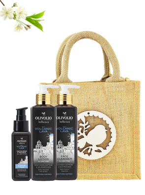 Set sacosa iuta, figurina lemn si cosmetice ten, par, corp, cu cenusa vulcanica