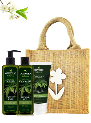 Set sacosa iuta natur si cosmetice corp, cu ulei de canabis