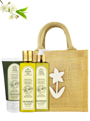 Set sacosa iuta, figurina lemn si cosmetice pentru corp, cu ulei de masline