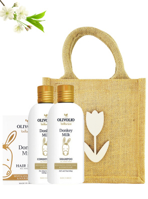 Set sacosa iuta, figurina lemn si cosmetice pentru par, cu lapte de magarita