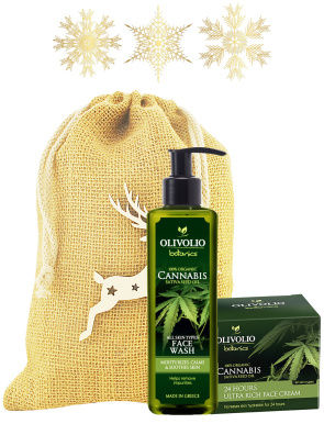 Set saculet iuta, figurina lemn si cosmetice pentru ten, cu ulei de canabis