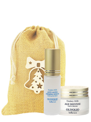 Set sacosa iuta, figurina lemn si cosmetice pentru ten cu lapte de magarita