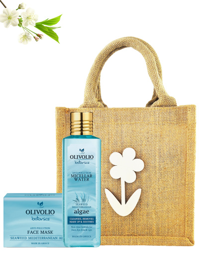 Set sacosa iuta, figurina lemn si cosmetice pentru ten, cu alge marine